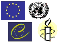 The emblems of Amnesty<br/>
International, The United Nations, The European Union and The Council of Europe