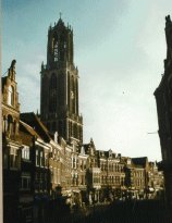 Dusk in Utrecht. The Dom looms over the Oude Gracht
