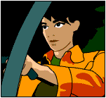 A character in the Anime and Manga style driving a car