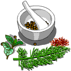 Pestle, mortar, herbs and spices