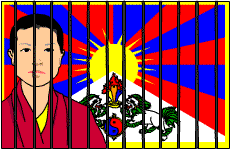 Ngawang Sangdrol and the Tibetan flag behind bars
