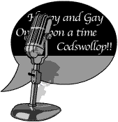 An old-style microphone in front of a speech bubble with antiquated words and phrases
